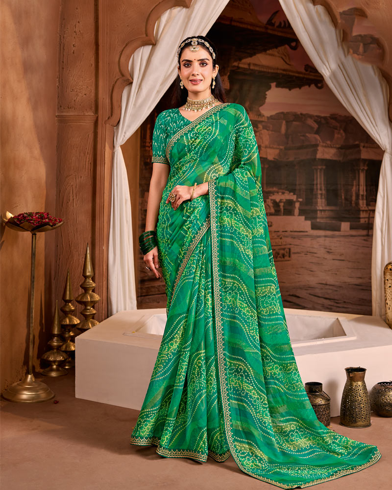 Vishal Prints Teal Green Traditional Print Brasso Saree With Fancy Embroidery Border
