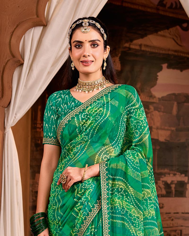 Vishal Prints Teal Green Traditional Print Brasso Saree With Fancy Embroidery Border