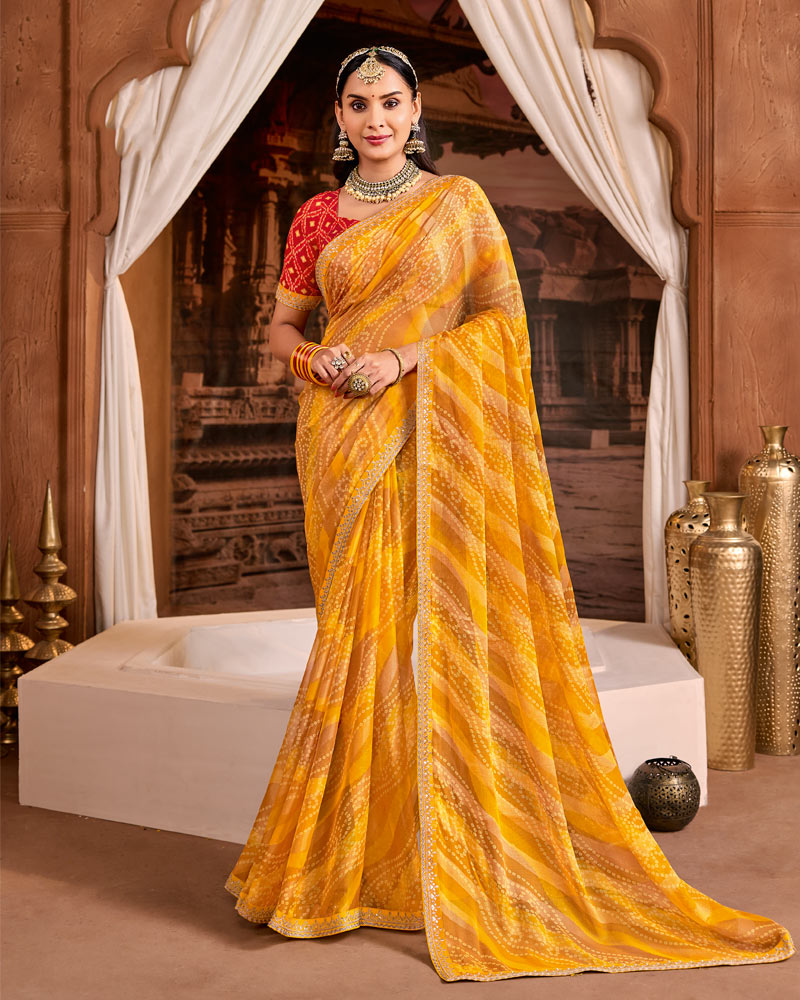 Vishal Prints Haldi Yellow Traditional Print Brasso Saree With Fancy Embroidery Border