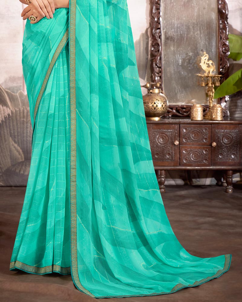 Vishal Prints Aqua Green Printed Fancy Chiffon Saree With Foil Print And Border