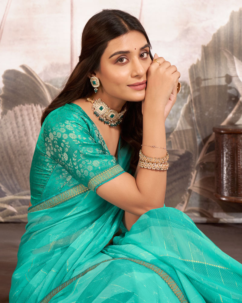 Vishal Prints Aqua Green Printed Fancy Chiffon Saree With Foil Print And Border
