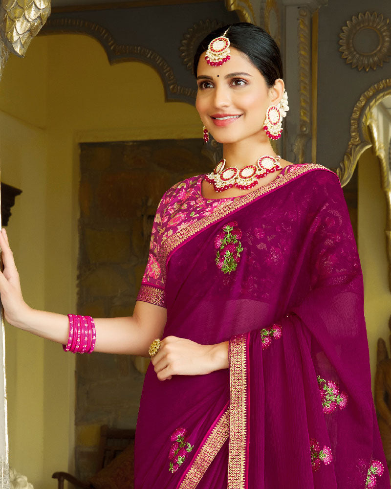 Vishal Prints Purple Chiffon Saree With Embroidery And Diamond Work