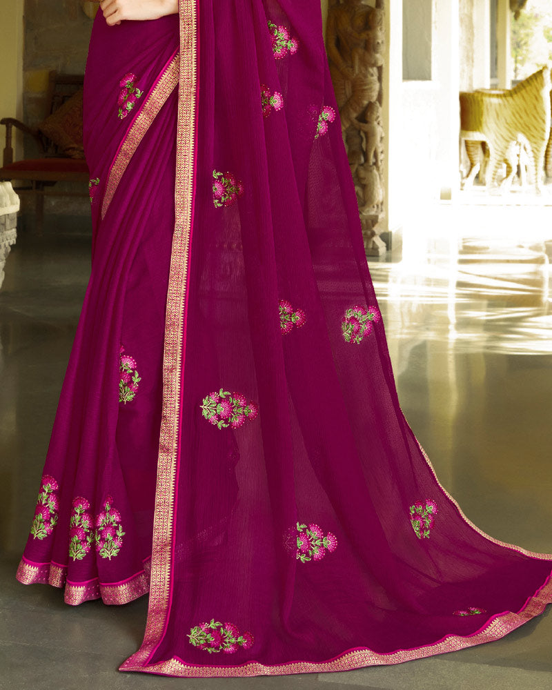 Vishal Prints Purple Chiffon Saree With Embroidery And Diamond Work