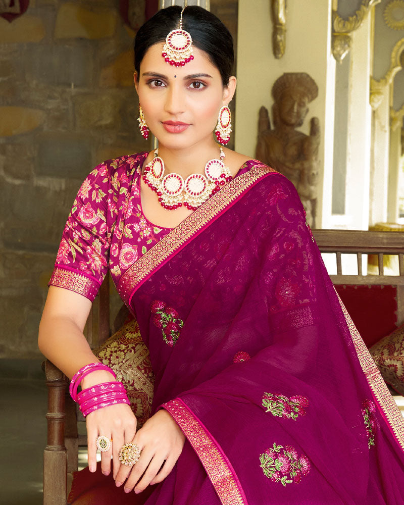 Vishal Prints Purple Chiffon Saree With Embroidery And Diamond Work