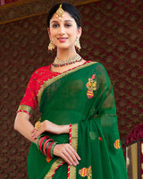 Vishal Prints Green Chiffon Saree With Embroidery And Diamond Work