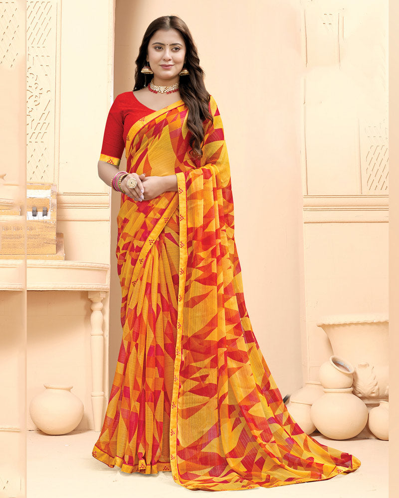 Vishal Prints Yellow And Orange Printed Fancy Chiffon Saree With Fancy Border