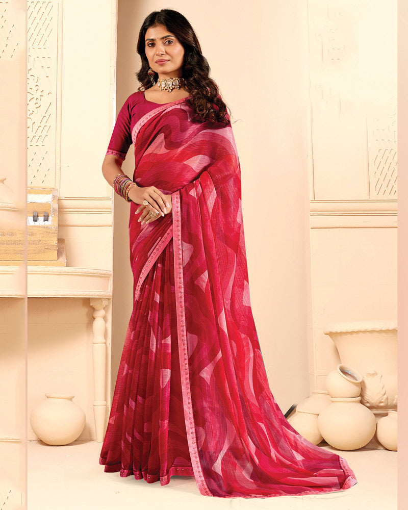 Vishal Prints Berry Red Printed Fancy Chiffon Saree With Fancy Border