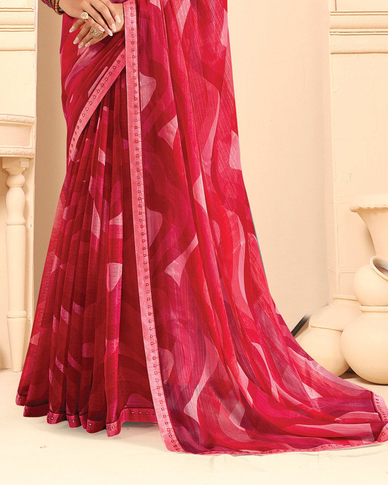 Vishal Prints Berry Red Printed Fancy Chiffon Saree With Fancy Border