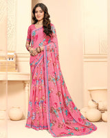 Vishal Prints Candy Pink Printed Fancy Chiffon Saree With Fancy Border