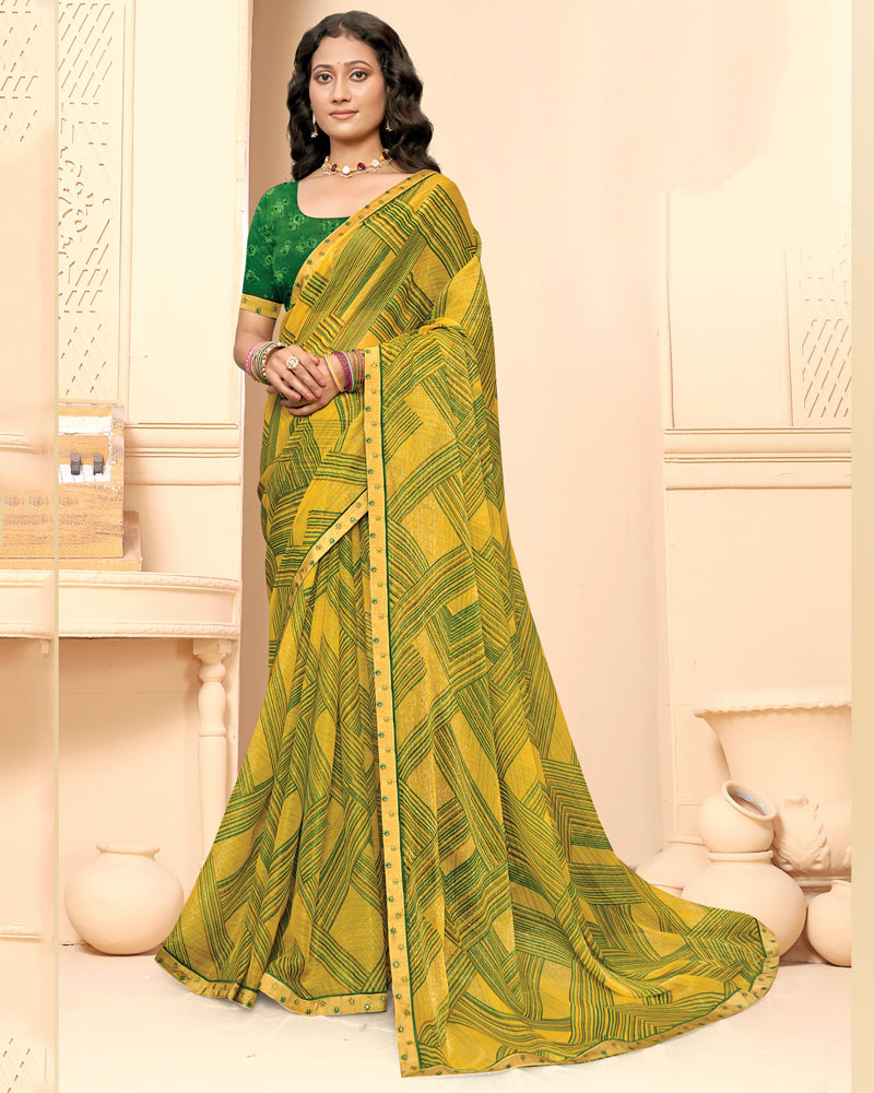Vishal Prints Mustard Yellow Printed Fancy Chiffon Saree With Fancy Border