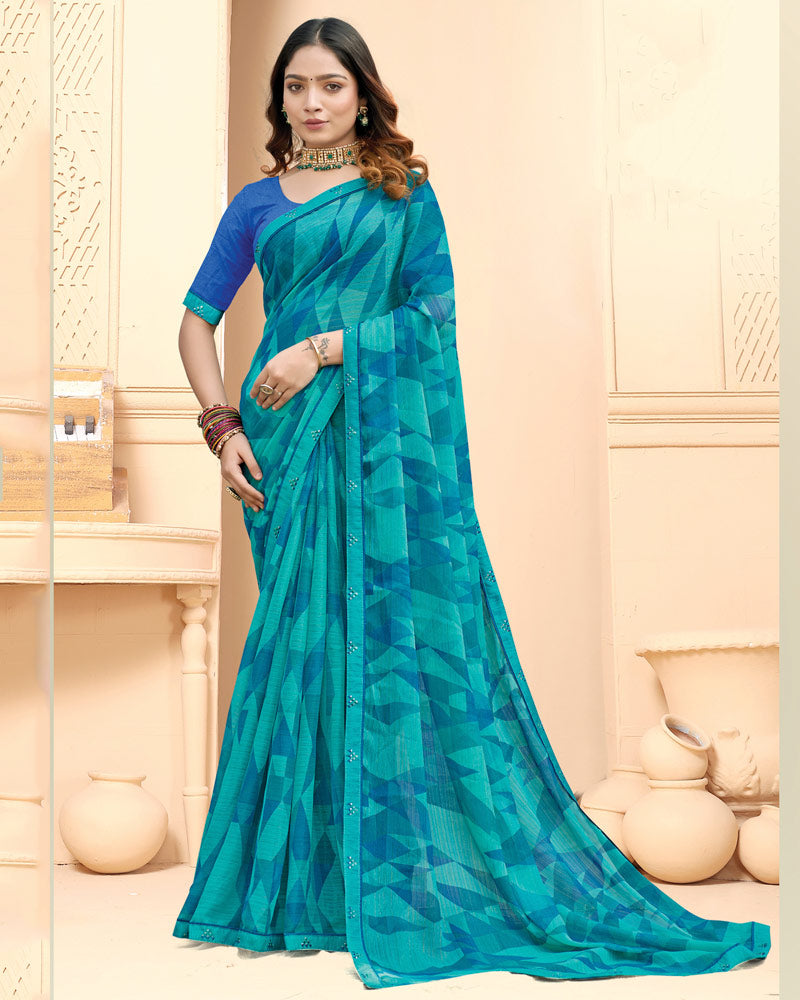 Vishal Prints Teal Blue Printed Fancy Chiffon Saree With Fancy Border