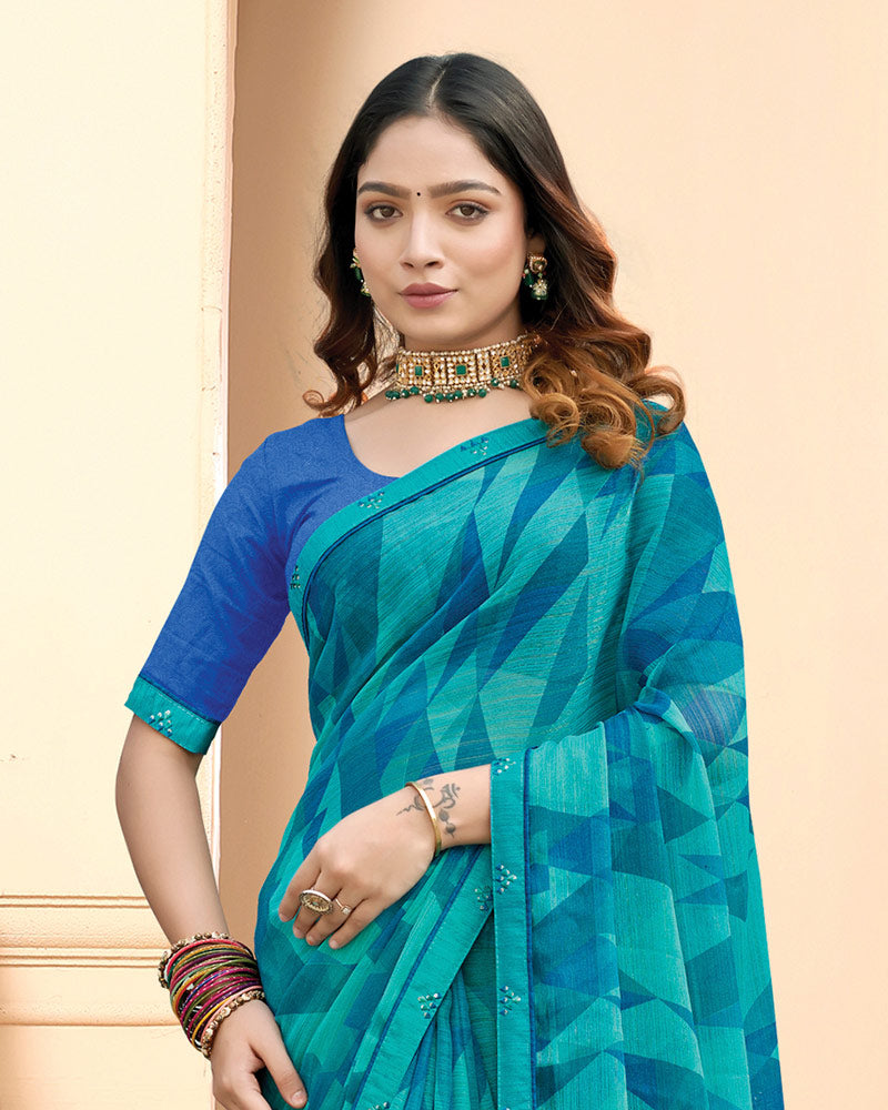 Vishal Prints Teal Blue Printed Fancy Chiffon Saree With Fancy Border