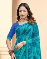 Vishal Prints Teal Blue Printed Fancy Chiffon Saree With Fancy Border