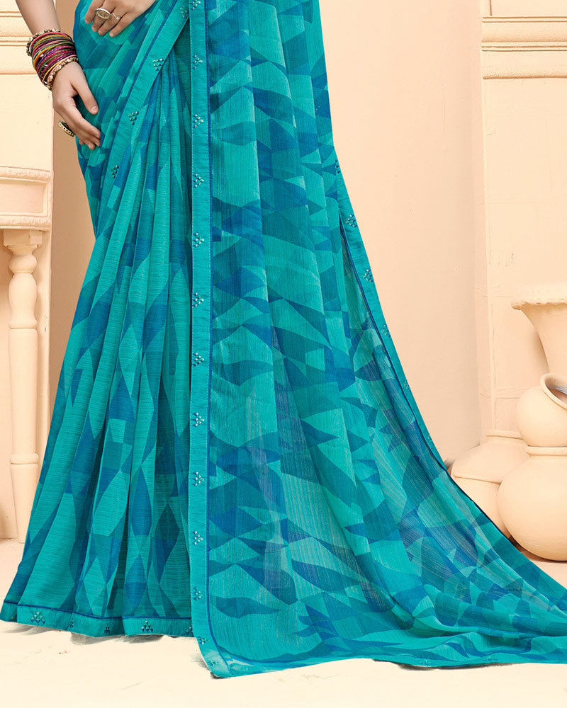 Vishal Prints Teal Blue Printed Fancy Chiffon Saree With Fancy Border