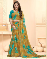 Vishal Prints Mustard Brown Printed Fancy Chiffon Saree With Fancy Border