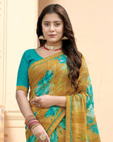 Vishal Prints Mustard Brown Printed Fancy Chiffon Saree With Fancy Border