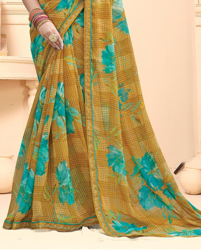 Vishal Prints Mustard Brown Printed Fancy Chiffon Saree With Fancy Border