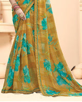 Vishal Prints Mustard Brown Printed Fancy Chiffon Saree With Fancy Border