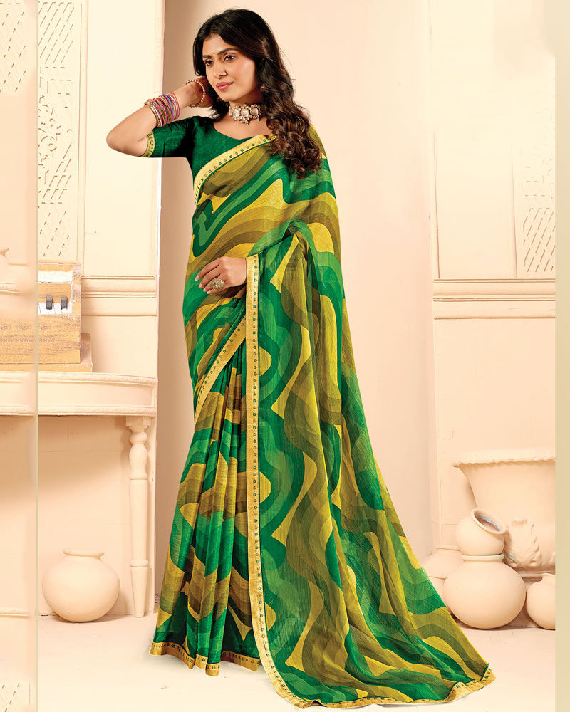 Vishal Prints Leaf Green Printed Fancy Chiffon Saree With Fancy Border