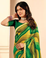 Vishal Prints Leaf Green Printed Fancy Chiffon Saree With Fancy Border