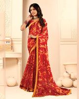 Vishal Prints Crimson Red And Yellow Printed Fancy Chiffon Saree With Fancy Border