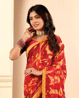 Vishal Prints Crimson Red And Yellow Printed Fancy Chiffon Saree With Fancy Border