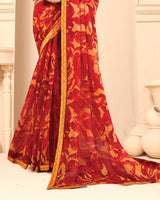 Vishal Prints Crimson Red And Yellow Printed Fancy Chiffon Saree With Fancy Border