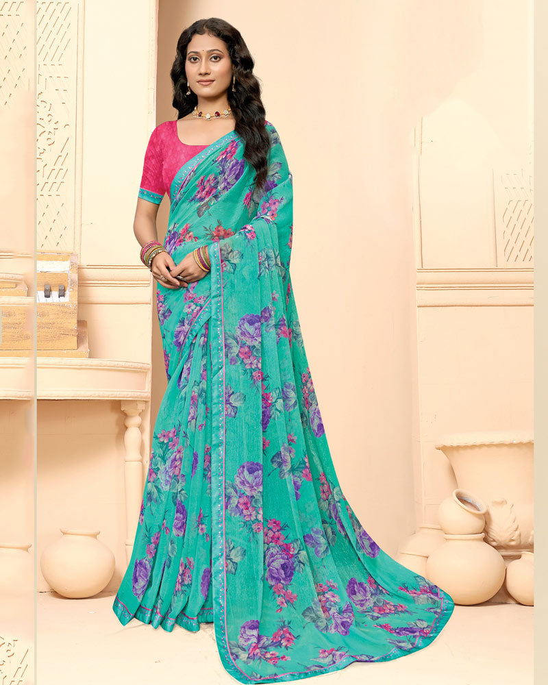 Vishal Prints Turquoise Green Printed Fancy Chiffon Saree With Fancy Border