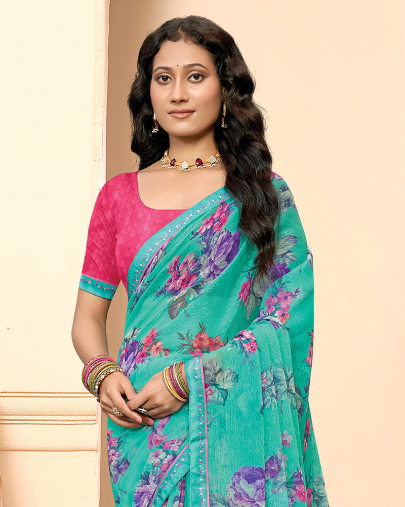 Vishal Prints Turquoise Green Printed Fancy Chiffon Saree With Fancy Border