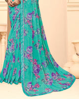 Vishal Prints Turquoise Green Printed Fancy Chiffon Saree With Fancy Border