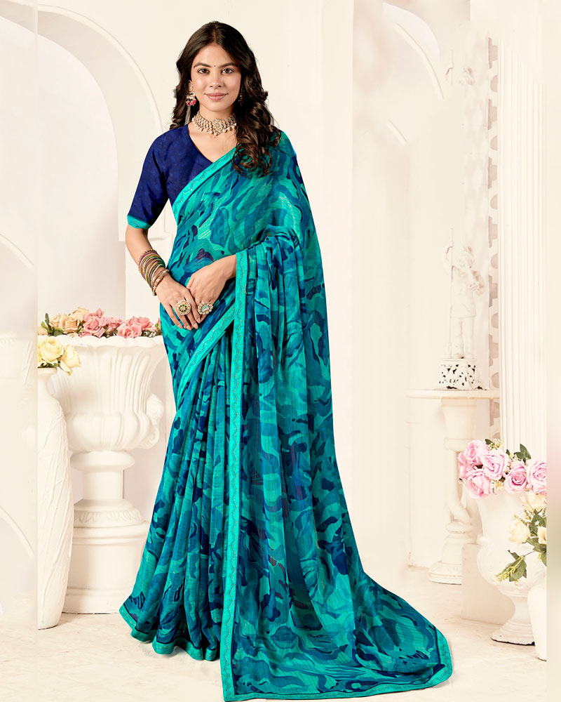 Vishal Prints Dark Turquoise Green Printed Fancy Chiffon Saree With Fancy Border