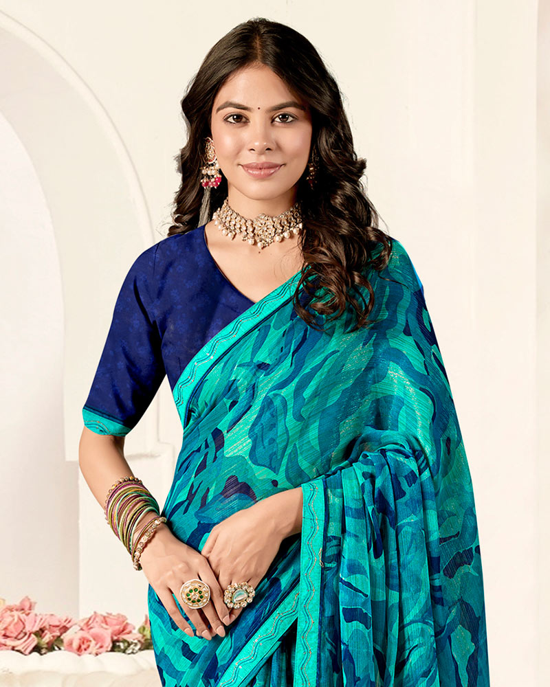 Vishal Prints Dark Turquoise Green Printed Fancy Chiffon Saree With Fancy Border