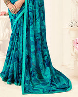 Vishal Prints Dark Turquoise Green Printed Fancy Chiffon Saree With Fancy Border