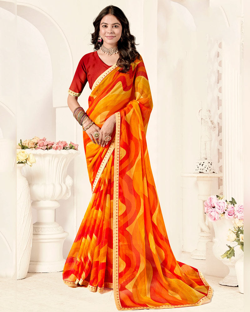 Vishal Prints Orangey Yellow Printed Fancy Chiffon Saree With Fancy Border