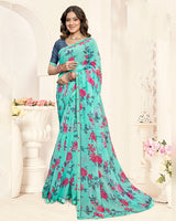 Vishal Prints Light Teal Green Printed Fancy Chiffon Saree With Fancy Border