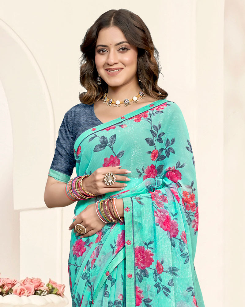 Vishal Prints Light Teal Green Printed Fancy Chiffon Saree With Fancy Border
