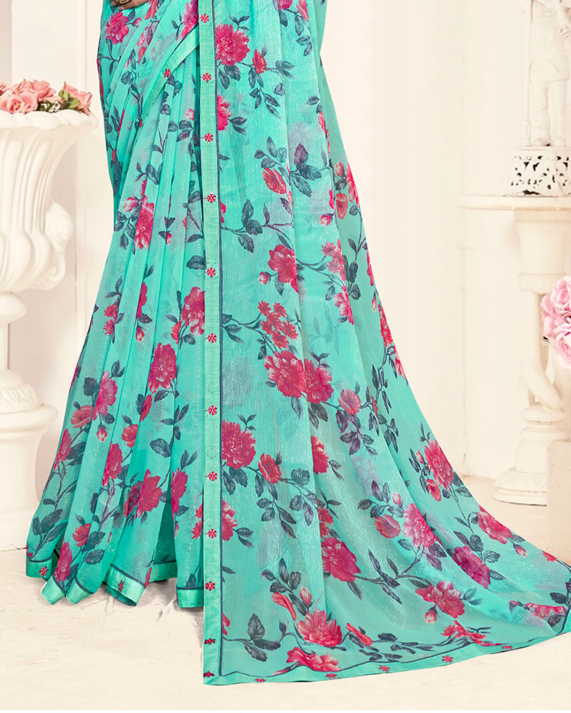 Vishal Prints Light Teal Green Printed Fancy Chiffon Saree With Fancy Border