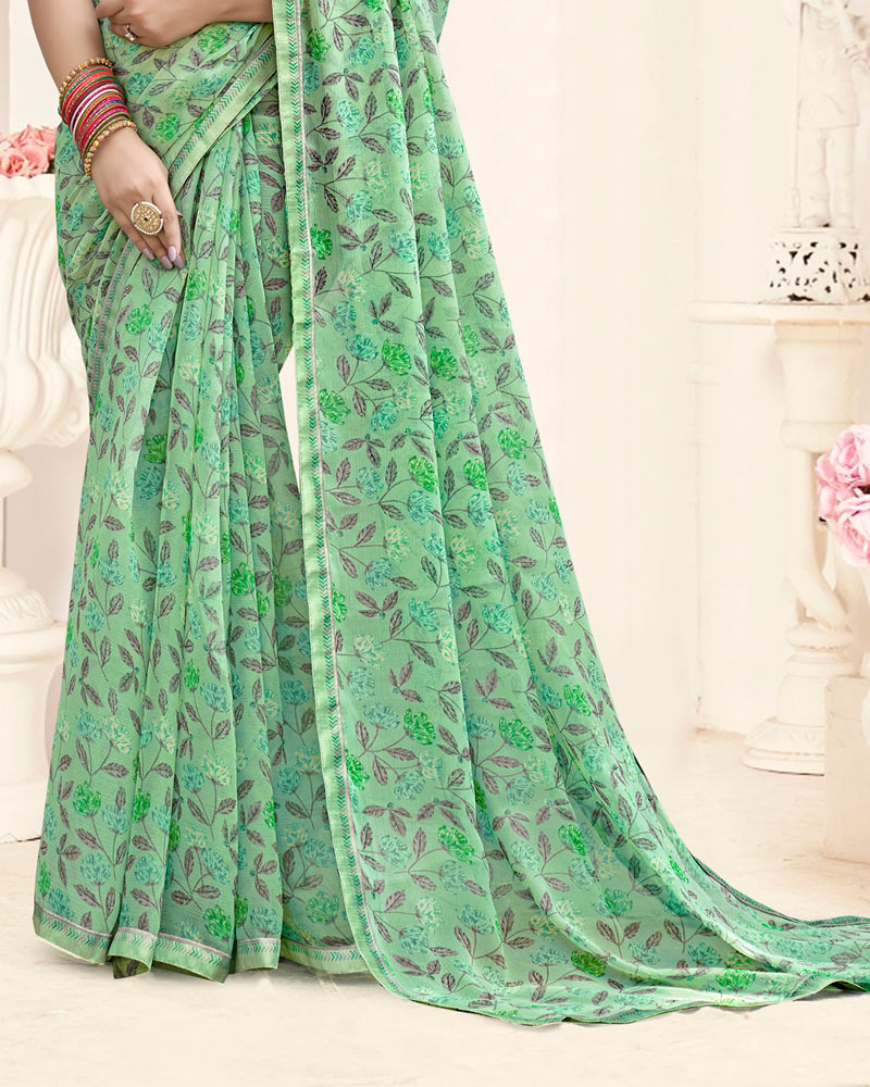 Vishal Prints Light Pastel Green Printed Fancy Chiffon Saree With Fancy Border