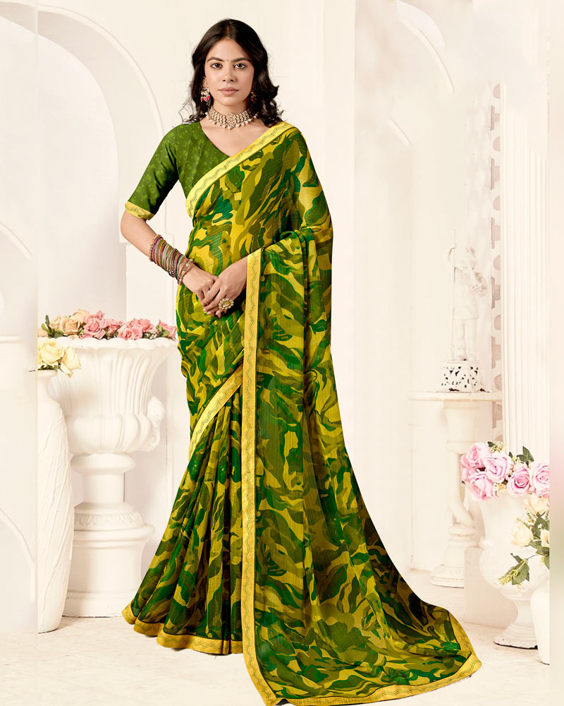 Vishal Prints Burnt Yellow Printed Fancy Chiffon Saree With Fancy Border