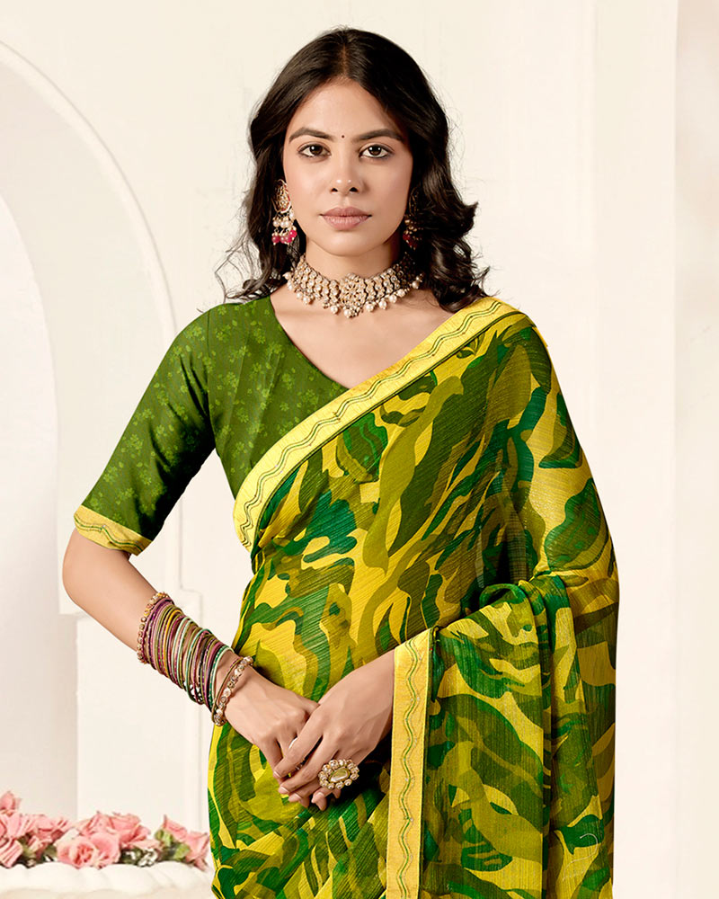 Vishal Prints Burnt Yellow Printed Fancy Chiffon Saree With Fancy Border