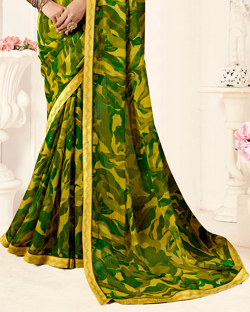 Vishal Prints Burnt Yellow Printed Fancy Chiffon Saree With Fancy Border