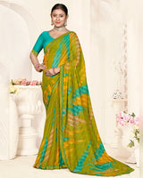 Vishal Prints Mustard Brown Printed Fancy Chiffon Saree With Fancy Border
