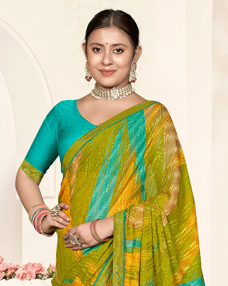 Vishal Prints Mustard Brown Printed Fancy Chiffon Saree With Fancy Border