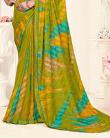 Vishal Prints Mustard Brown Printed Fancy Chiffon Saree With Fancy Border
