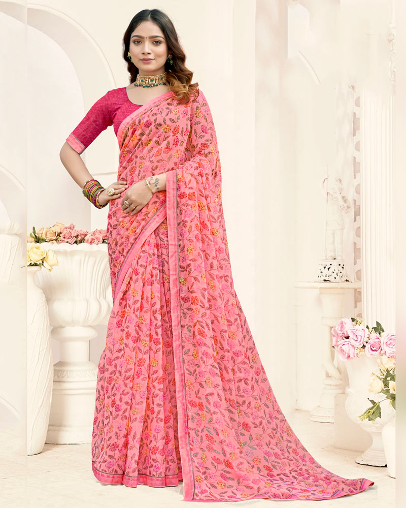 Vishal Prints Flamingo Pink Printed Fancy Chiffon Saree With Fancy Border