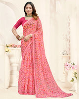 Vishal Prints Flamingo Pink Printed Fancy Chiffon Saree With Fancy Border
