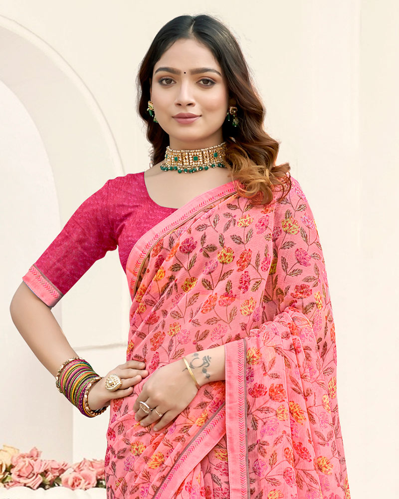 Vishal Prints Flamingo Pink Printed Fancy Chiffon Saree With Fancy Border