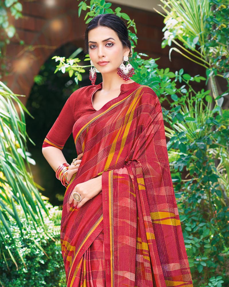 Vishal Prints Dark Red Printed Fancy Chiffon Saree With Border