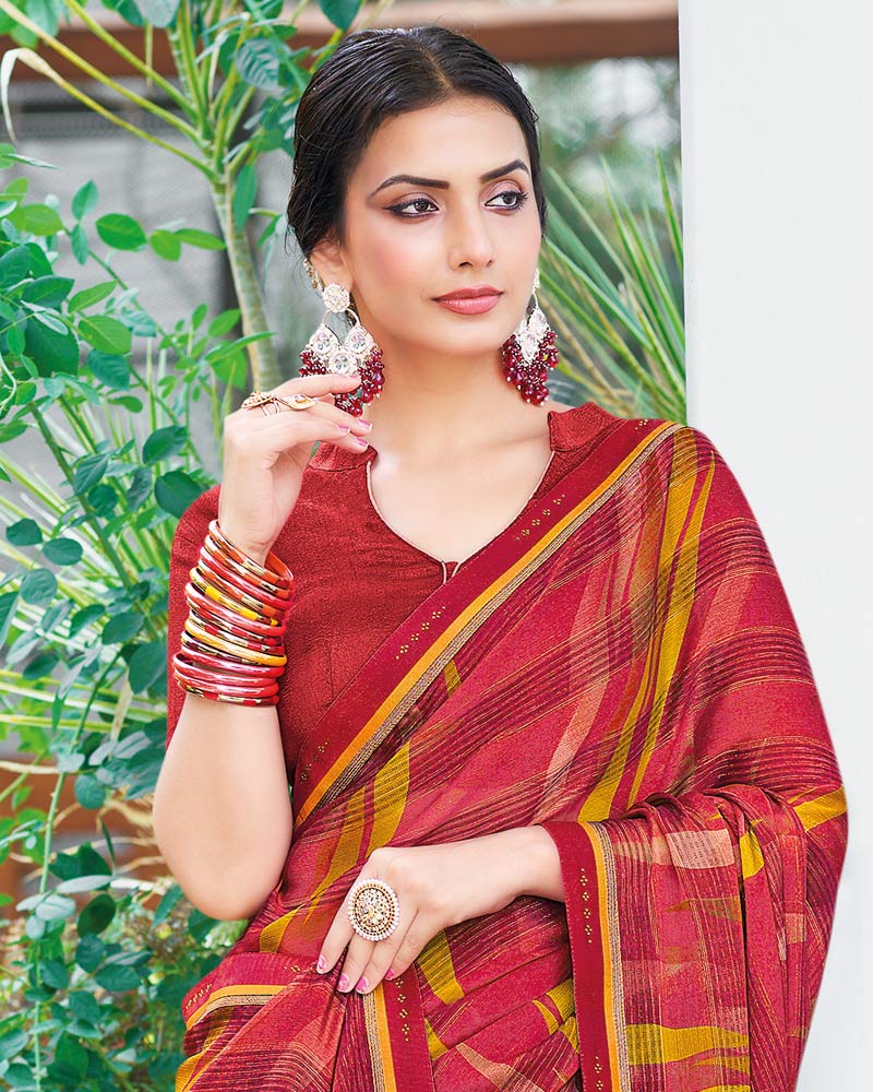 Vishal Prints Dark Red Printed Fancy Chiffon Saree With Border