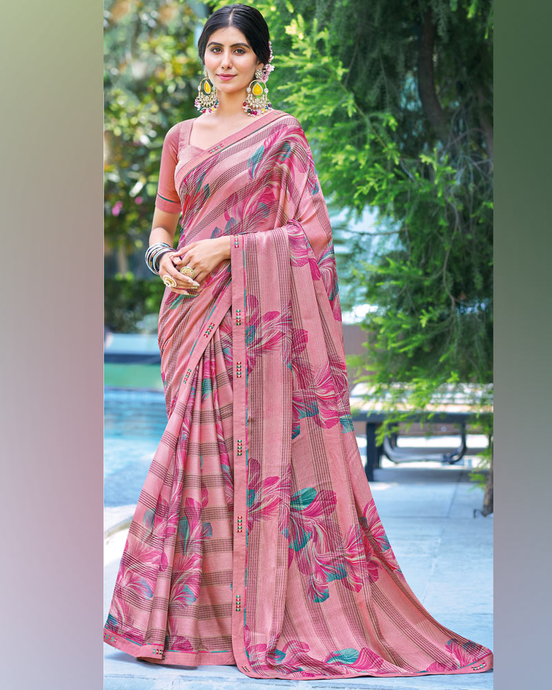 Vishal Prints Dusty Pink Printed Fancy Chiffon Saree With Border